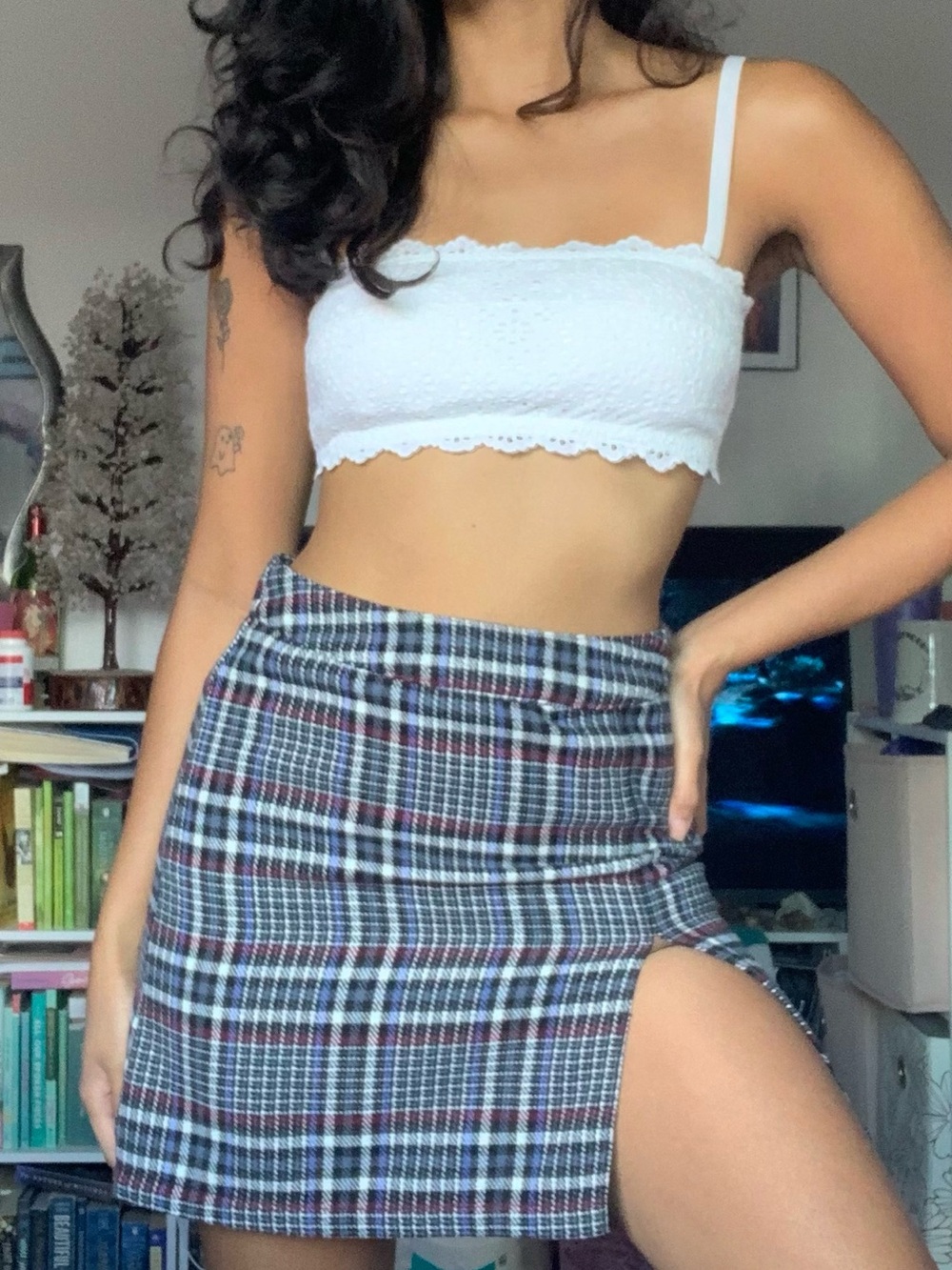 Plaid Side-Slit Mini Skirt - Blue Multi